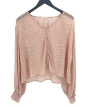 By Together Womens Balloon Sleeve Polka Dot Button Front Sheer Blouse Pink Small