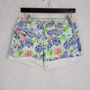 GB Womens Jean Shorts Size 7 Multicolor Floral Button/Zip Closure Cutout Denim