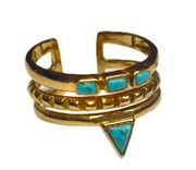 Stella & Dot Turquoise Stacked Stone Adjustable Gold Ring EUC