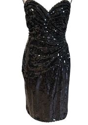 Vintage Tadashi Strapless Black Sequin Cocktail Dress sz 6 Prom Wedding Formal