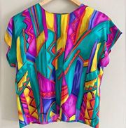 VINTAGE 80s eclectic colorful vibrant art deco boxy blouse