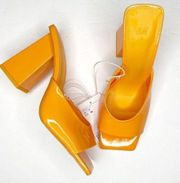 H&M Square Toe Chunky Heel Patent Mules Sandals in Yellow Orange Size 7 NEW