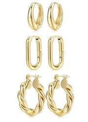Gold Hoop Earrings| 3 Pairs| 14K Gold Plated| Lightweight| Hypoallergenic Hoops