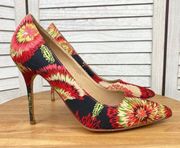 Liliana Floral Starburst Pointed Toe Pumps Black Red Green 7.5 Stiletto