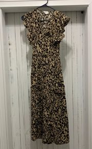 Leopard/Cheetah Print V-Neck Midi Dress With Pockets And Frill Sleeves 