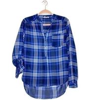 Francesca’s blue and pink plaid long sleeve half button down blouse