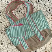 seersucker Striped reversible tote bag White green tan pink