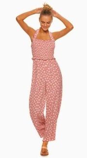 Candie's Smocked Sleeveless Polka Dot Halter Tie Jumpsuit Large Pink White New