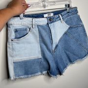 Madden NYC jean shorts NEW size 13 raw hem colorblock blue 3” inseam