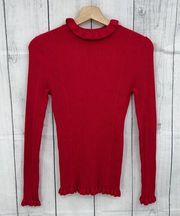 Catherine Malandrino MEDIUM Red Ruffle Mock Neck Sweater Sweatshirt Rib Knit