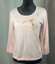 Bob Mackie wearable art pink sweater with left chest sequined art Sz S