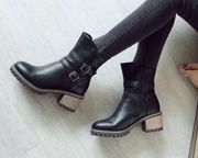 New Black Buckle Chunky Heel Boots 