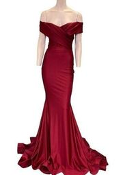 Jessica Angel 723 Off Shoulder Crossover Bodice Gown Cardinal Red Size Small NWT