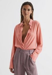 Reiss Eden Silk Shirt Womens Sz 4 Pink Matte Tunic Shirt Long Sleeve Dressy NEW