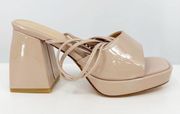 Square Toe Platform Y2K Patent Ankle Wrap Block Heel Sandals Nude 10