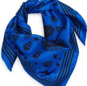 Alexander McQueen Blue Silk Twill Scarf With Mystical Biker Print NWT