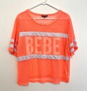 BEBE SPORT All Mesh Crop Top Neon Coral Pink Orange Jersey Short Sleeve Tee M
