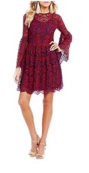 Red & Blue Lace Dress With Bell Sleeves Sz S