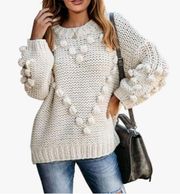 White Oversized Chunky Dot Heart Crew Neck Sweater