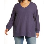 MELLODAY V-neck Cozy Top tunic sweater In Navy