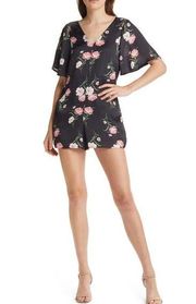 Chelsea28 Black Pink Floral Satin Romper Women's Size Medium NWT