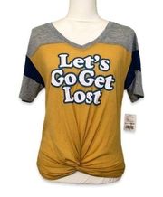 NWT Let’s Go Get Lost V-Neck Tee Top Shirt Gold Yellow Gray Navy New