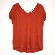 Pleione Rust Burnt Orange Terry Double V Neck Short Sleeve Top Women's XS