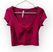 Scoop Neck Baby Tee Crop Top Short Sleeve Hot Pink  XS