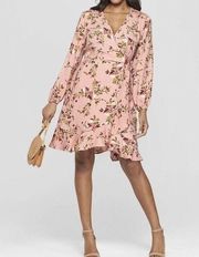 NWOT Pink Floral Faux Wrap Long Sleeve Dress New