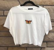 Zaful  white cropped baby tee butterfly embroidered 2x Y2k