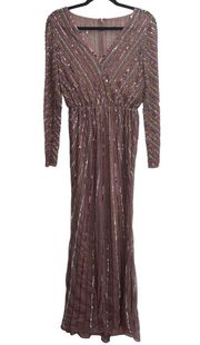 NEW NWT  Sequined V Neck Long Sleeve Column Gown Rosewood