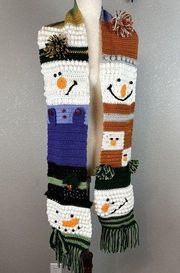 Handmade Crochet Christmas Holiday Snowman Sampler Scarf Fringe Hem