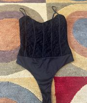 Like-New  Black Lace Corset Style Spaghetti Strap Thong Bodysuit Size XS