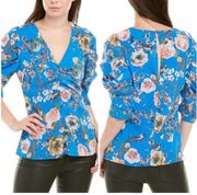 Walter Baker Floral Butterfly Print Blouse V Neck Short Sleeves Blue NEW Medium