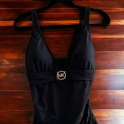 Michael Kors Black Swimsuit Top Gold Logo Hardware Size Medium