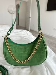 Italian Leather Green Croc Embossed Shoulder Bag