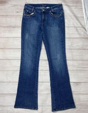 cotton blend lightly distressed flare leg jeans w/embroidery blue sz 6