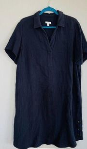 J. Jill Navy Blue Brushed Cotton Dress Size XL Oversized Pockets Buttons F6