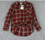 Hippie Rose Women's S Red Plaid Self Tie Side Slits Pocket Button Tunic Top