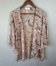 Peach Love | Feather Printed Flowy 3/4 Sleeve Kimono‎ Pink
