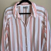 ASOS Sz 18 Long Sleeve Button Down Relaxed Fit Shirt Peach Pink White Tan Stripe