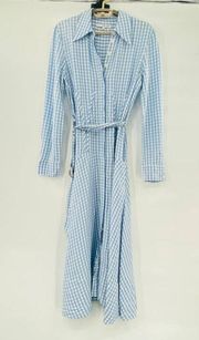 TIBI Summer-Fresh Midi Shirtdress Long Sleeve Gingham Printed Blue Size 4