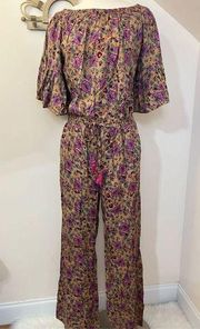 Raga Anthropologie Floral Off Shoulder Bell Sleeve Jumpsuit S NEW