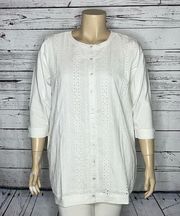 Only Necessities NWT Size 1X White Eyelet Button Down 100% Cotton Cardigan Top