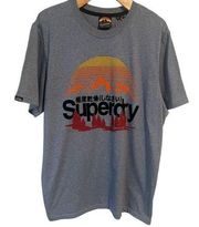 Superdry T Shirt Womens 3XL Heather Blue Tee Embossed Graphics Short Sleeve NEW