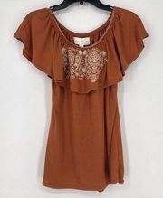 NEW French Laundry Off The Shoulder Blouse Burnt Orange Embroidered Size S