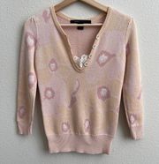 Light Pink Creme Coquette Floral Print Button Up Lace Knit Sweater