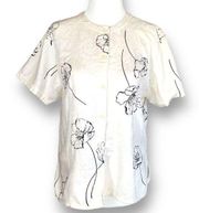 Vintage Rena Rowan Shirt White Black Reflective Flower Detail Short Sleeve