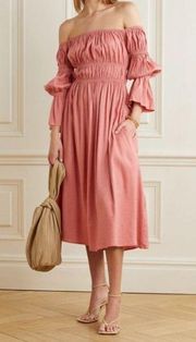 Cult Gaia Pink Jaipur Stella Shirred Off The Shoulder Dress Linen Midi