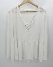 Black Rainn Top Women XL White Long Sleeve Lace-Up Flounce Hem Blouse